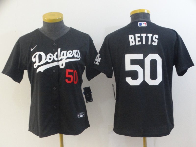 Women's Los Angeles Dodgers #50 Mookie Betts Black Cool Base Stitched Jersey(Run Small)
